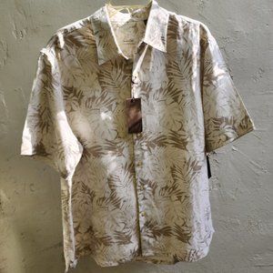 NWT Tasso Elba Island Silk Linen Blend Natural Khaki Tropical Leaf Print Shirt L